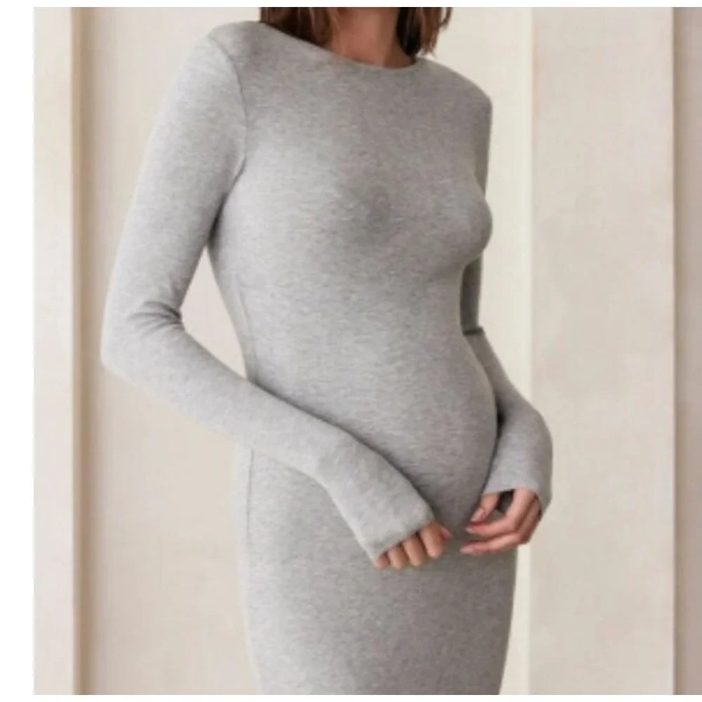 Bumpsuit Long Sleeve Maxi Dress Size M Grey Ribbed‎ Bodycon Stretch Maternity